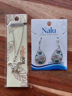 ALOHA808 Turtle Necklace & Nalu Teardrop Pave Starfish‎ Earrings Teal & Silver